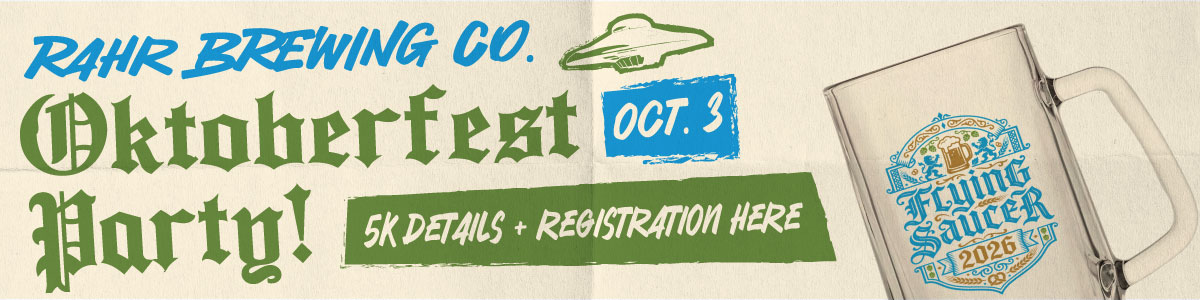 Rahr Brewing Co. Oktoberfest Party banner: Oct. 3 date, with a green '5K Details + Registration Here' strip and a beer mug image on the right