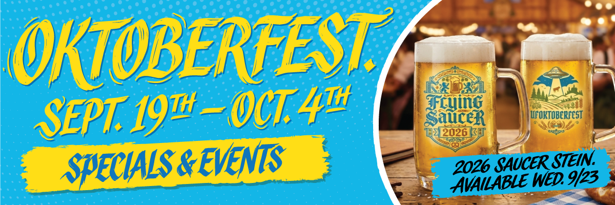 Promotional Oktoberfest banner: blue background with yellow text announcing Sept. 19–Oct. 4 and 'Specials & Events' with beer mugs on the right.