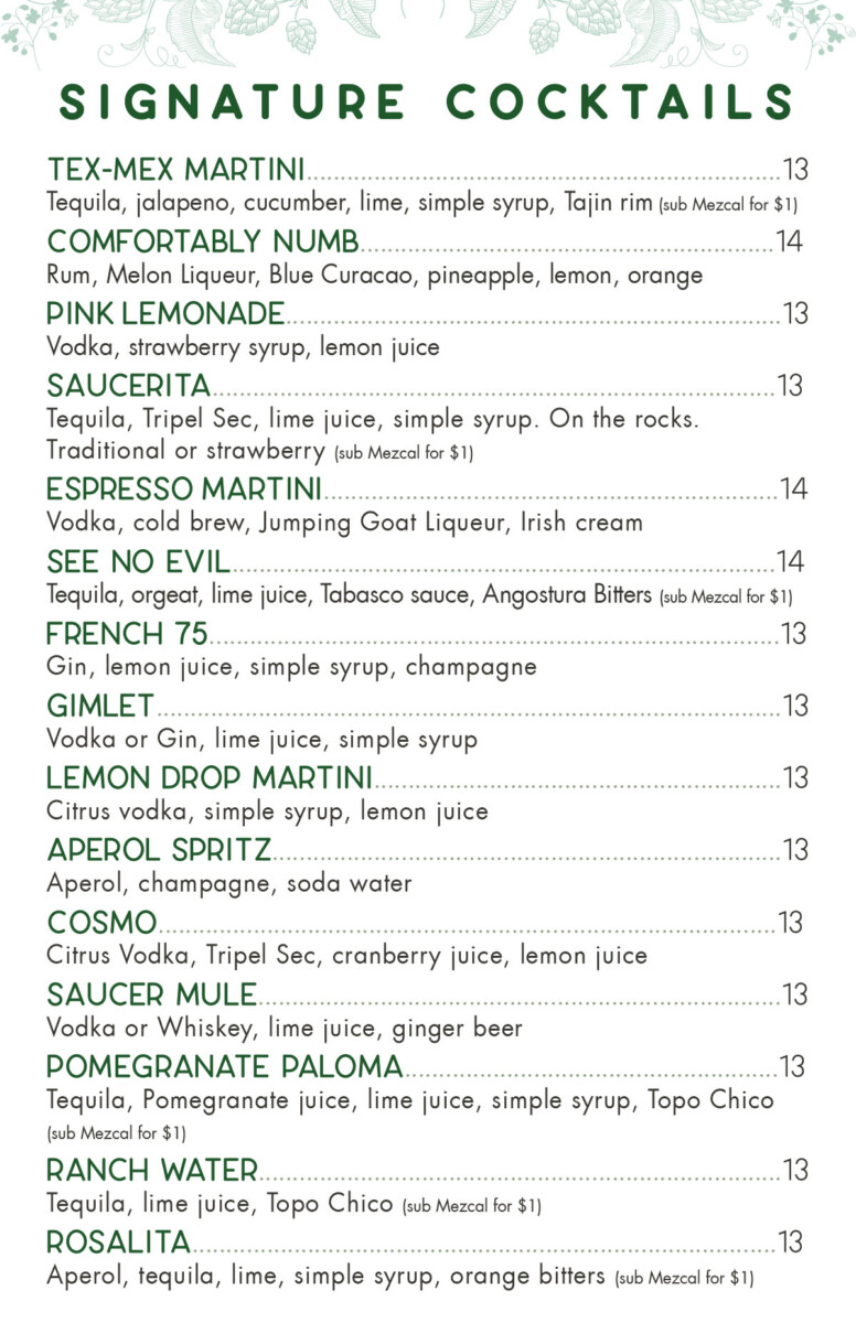 Flying Suacer Sugar Land Cocktails Menu